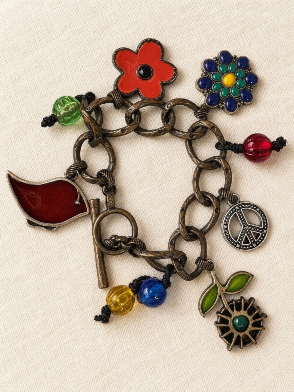 Vintage Lucky Brand Chunky Charm Bracelet, Y2K Boho Enamel Flower & Peace